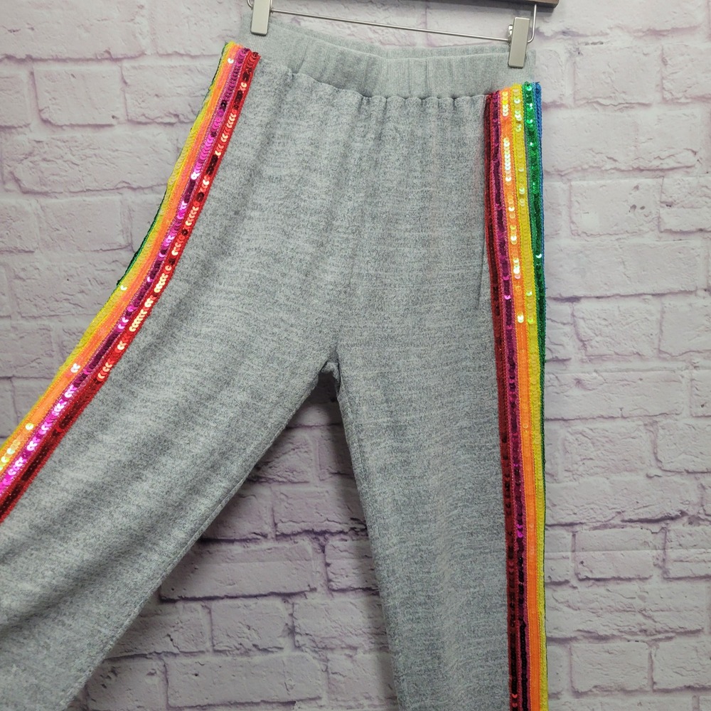 Lola + The Boys Rainbow Sequin Sweatpants Adult M Gray Y2K Festival Pride‎ Glam - Picture 6 of 9